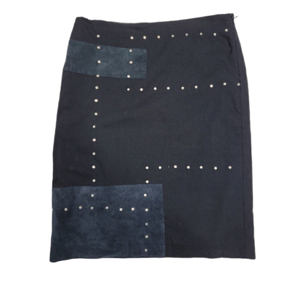 Y2K CYNTHIA STEFFE skirt black vegan suede studded patch 8